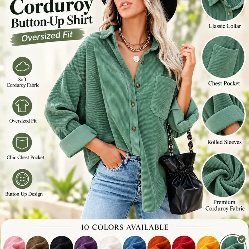 【Black Friday】Women's Corduroy Lightweight Button Collared Blouse With Pocket, Long Sleeve Loose Fit Oversize Drop Shoulder Casual Everyday Style for Spring & Fall