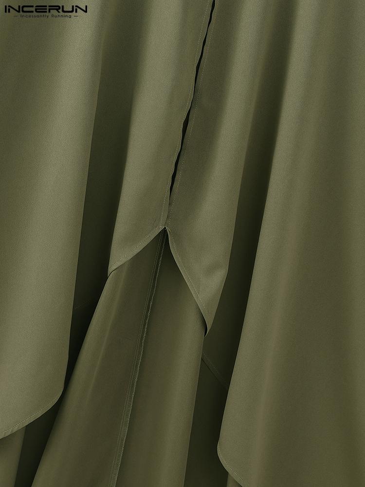 INCERUN Men's Deconstructed Long Solid Vest - Stand Collar & Flounced Hem. Avant-garde yet wearable for elevated daily style