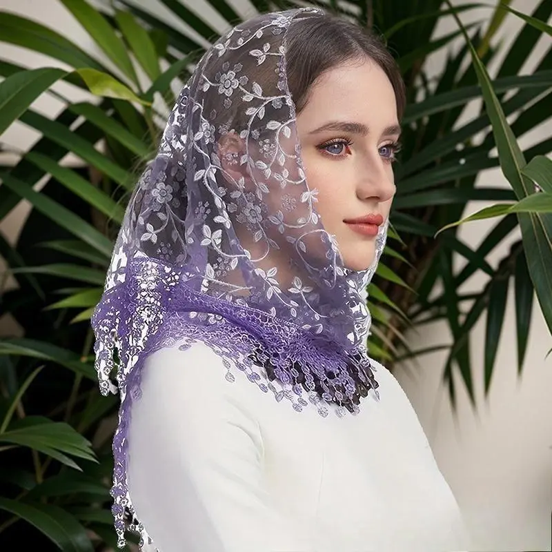 Women Solid Floral Embroidered Lace Triangle Scarf, Sheer Crochet Triangular Shawl with Beaded Tassels, Lightweight Breathable Multi-Use Neck Wrap, Romantic Ornament for Daily Wear, Wedding & Vacation Photoshoot, Wedding Wear