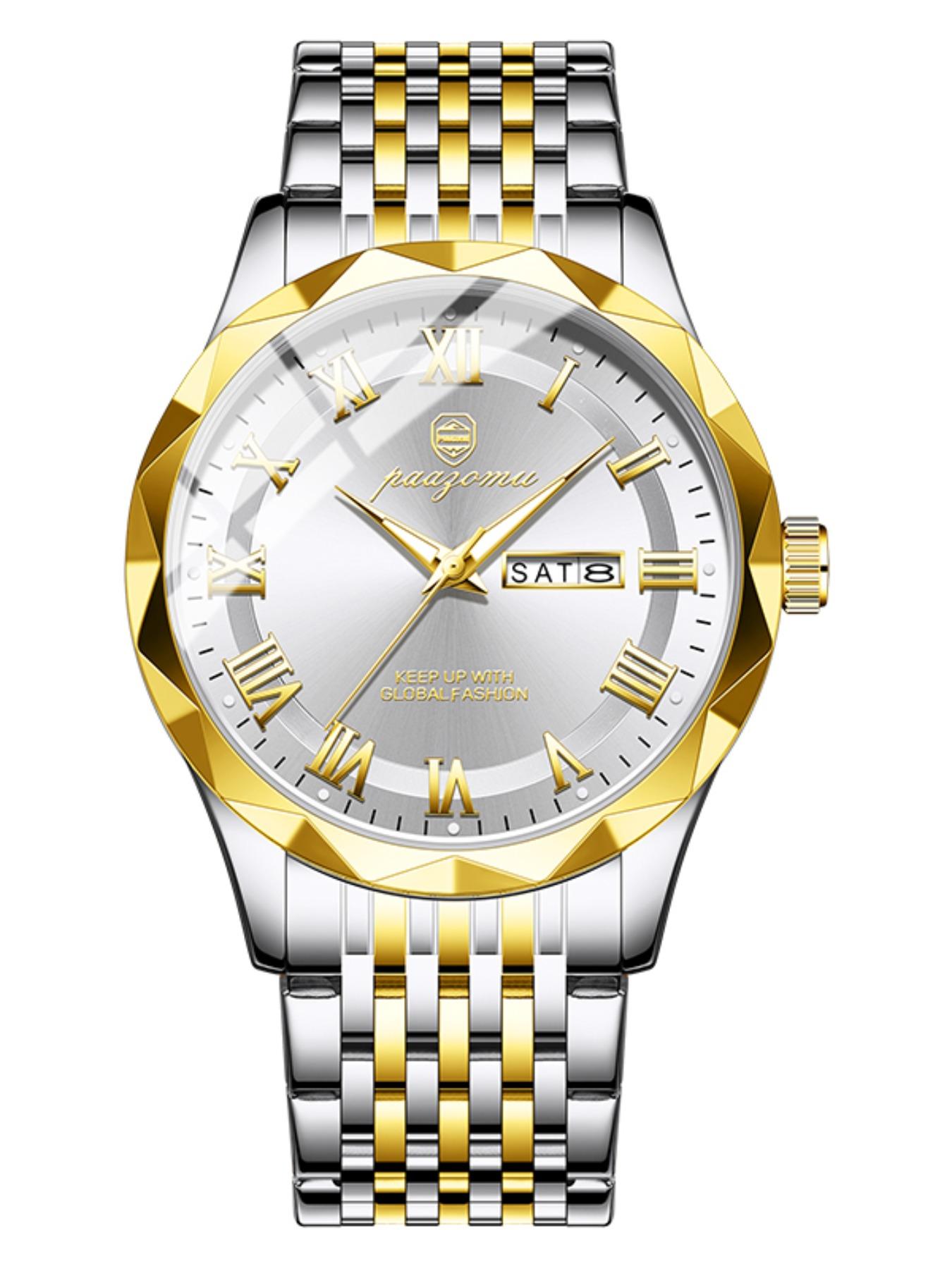 Paazomu Brand Steel Belt Dual Calendar Men's Quartz Watch 6367, Stylish Timepiece for Everyday Wear, Durable and Reliable Design