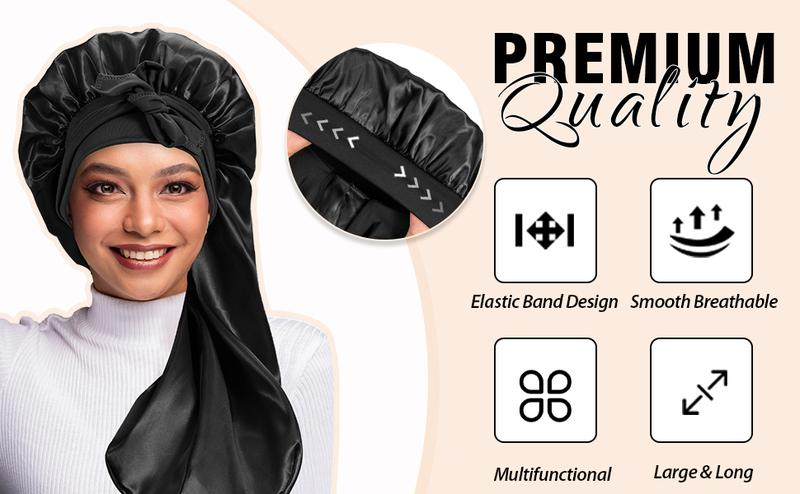 2 Count Satin Braid Bonnet for Women - Large Silk Sleep Cap Braids Soft Elastic Multifunctional Hair Care Haircare Heatless (Black&Leopard Print)