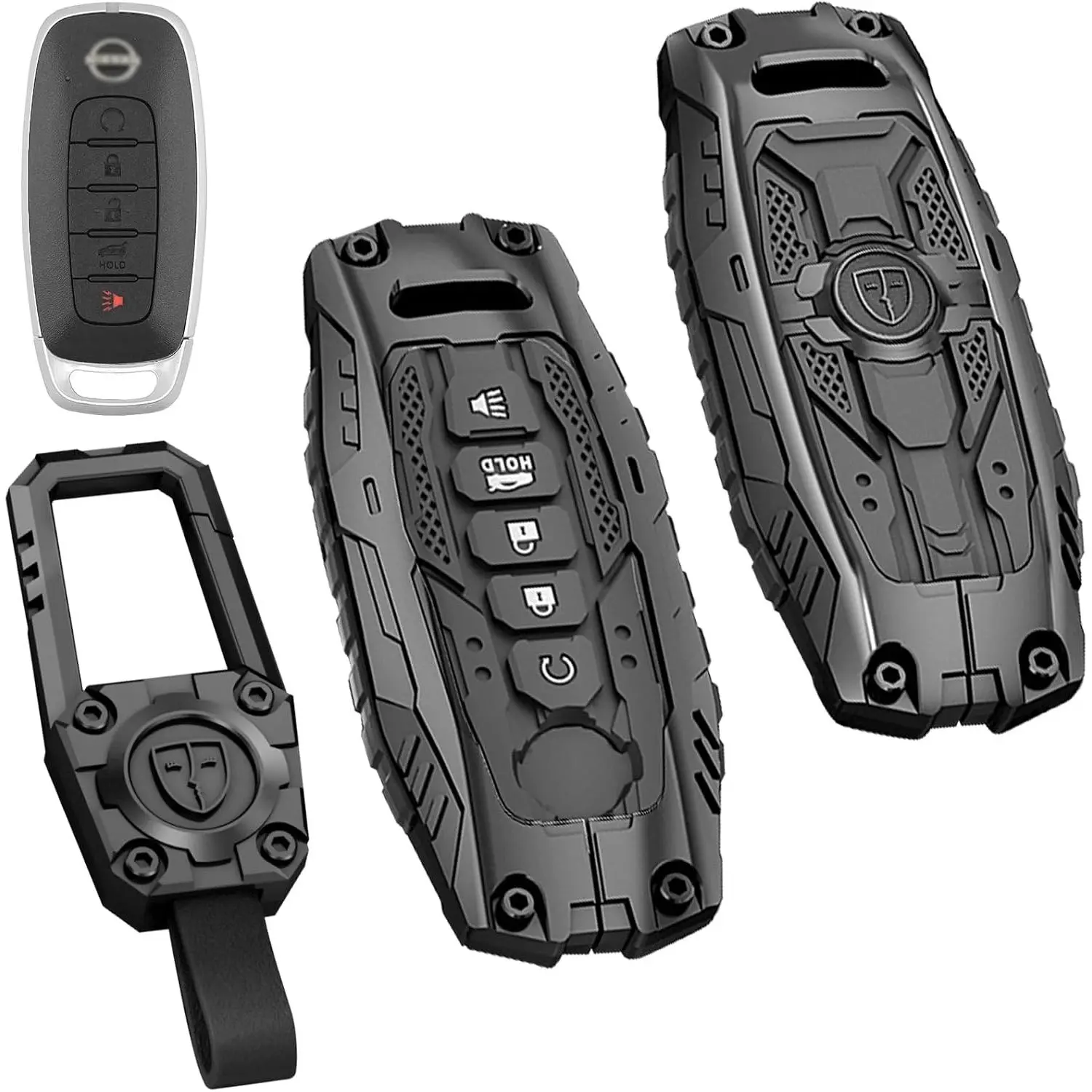 Zinc Alloy Car Key Fob Cover Protector with Keychain Slot, Heavy 5-Button Car Accessories Interior Case Fits 2023+ Nissan Rogue, 2023-2026 Pathfinder & 2024-2026 Sentra