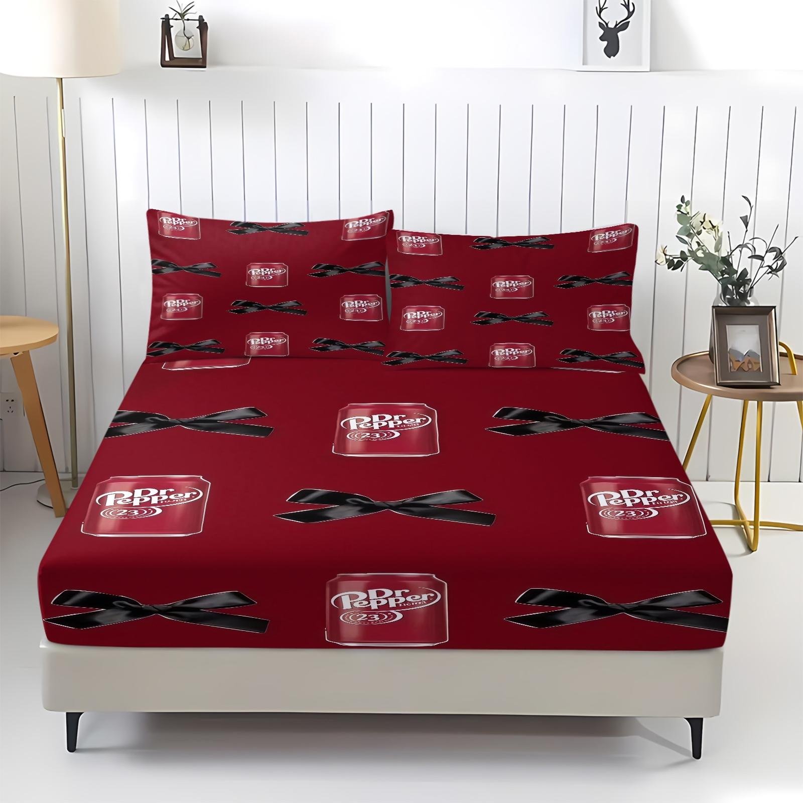 3 Piece Dr Pepper Cherry Fitted Sheet Set, 1 Fitted Sheet + 2 Pillowcases, Retro Soda Drink Pink Bow Bedding, Cute Girly Bedroom Decor for Soda Lovers, Ideal Gift for Dr Pepper Fans