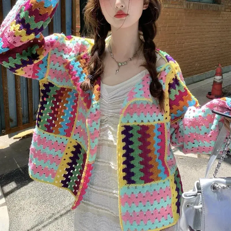 Women's Cardigan Loose Rainbow Stripe Openwork Knitted Sweater Crochet Jacket Colorful Cover Up Vacation Outfit