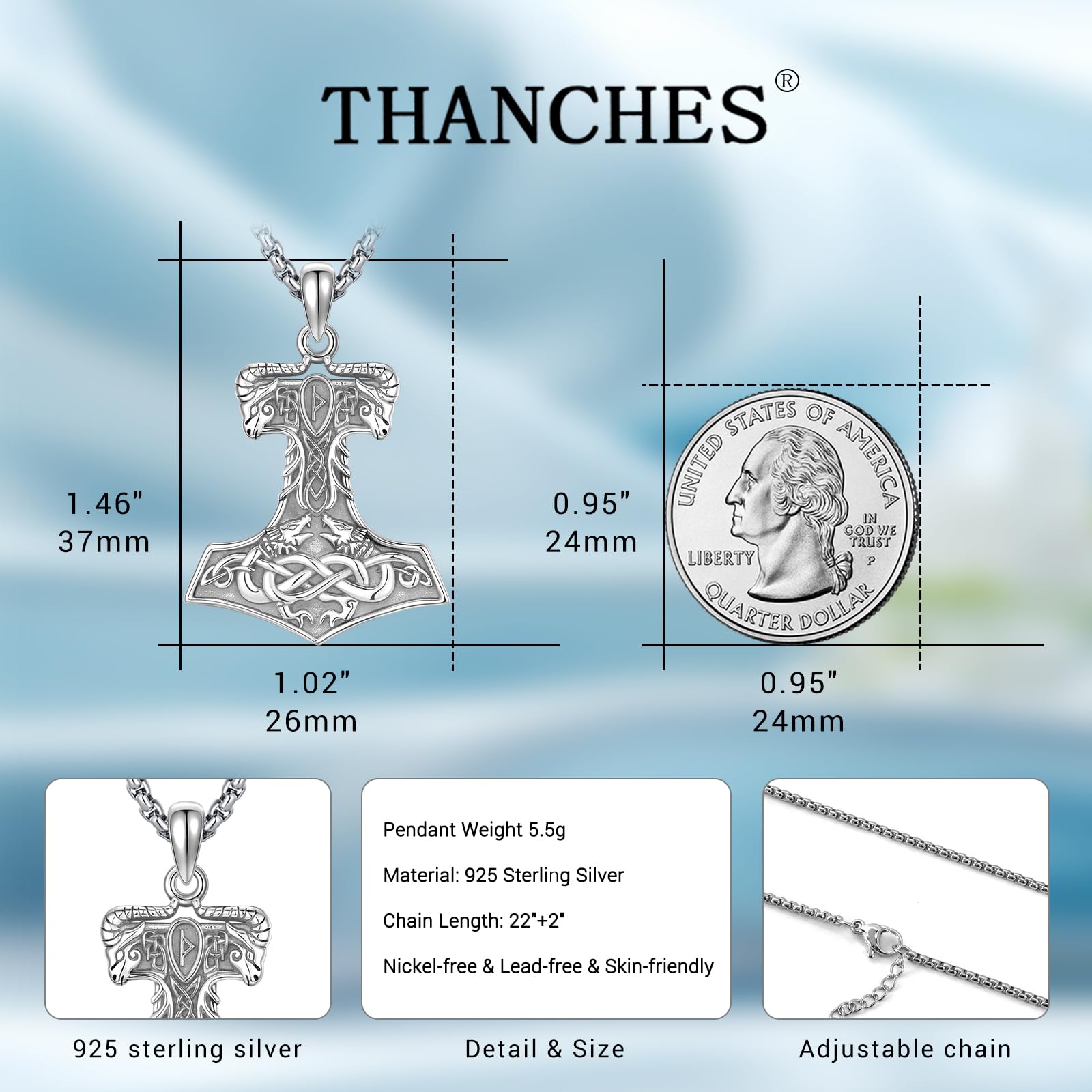 DRINSPER Viking Necklace 925 Sterling Silver Thors Hammer Mjolnir Pendant Necklace for Father Dad Women Pagan Jewerly Norse Runes Amulet Jewelry Gifts