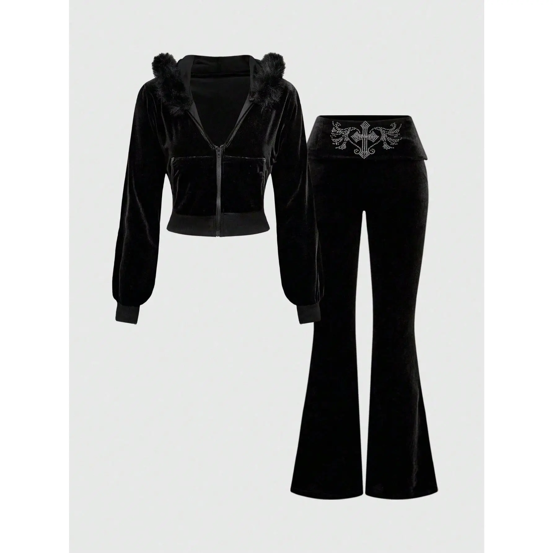 Spring Black Y2K Gyaru Baddie Velvet Cropped Hoodie And Low Rise Flare Pants Set For Women