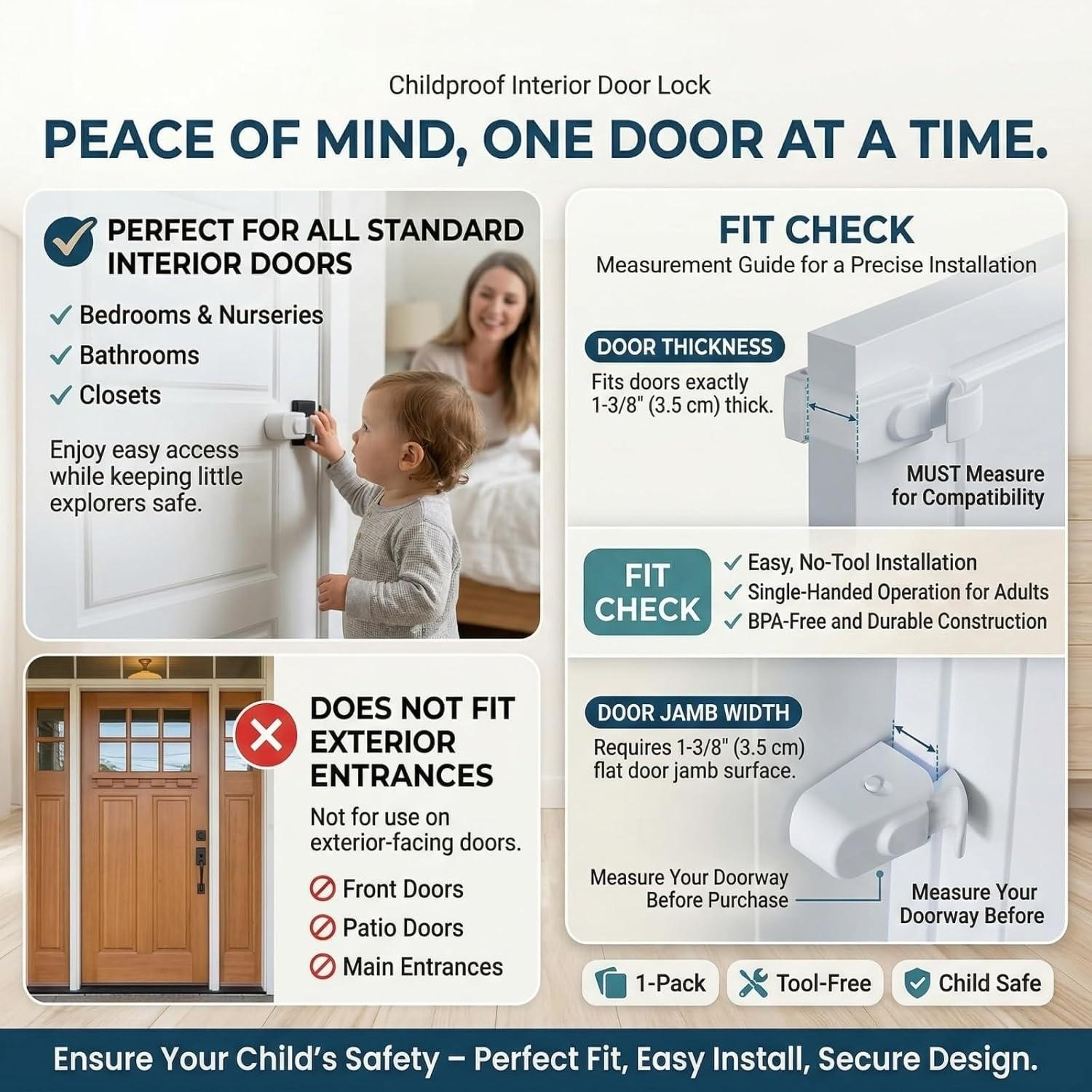 Child Proof Door Lock, Snap-On Door Knob Safety Lock & Door Handle Child Lock, No Tools Required, Fits Knobs & Levers for Baby Toddler Home Safety
