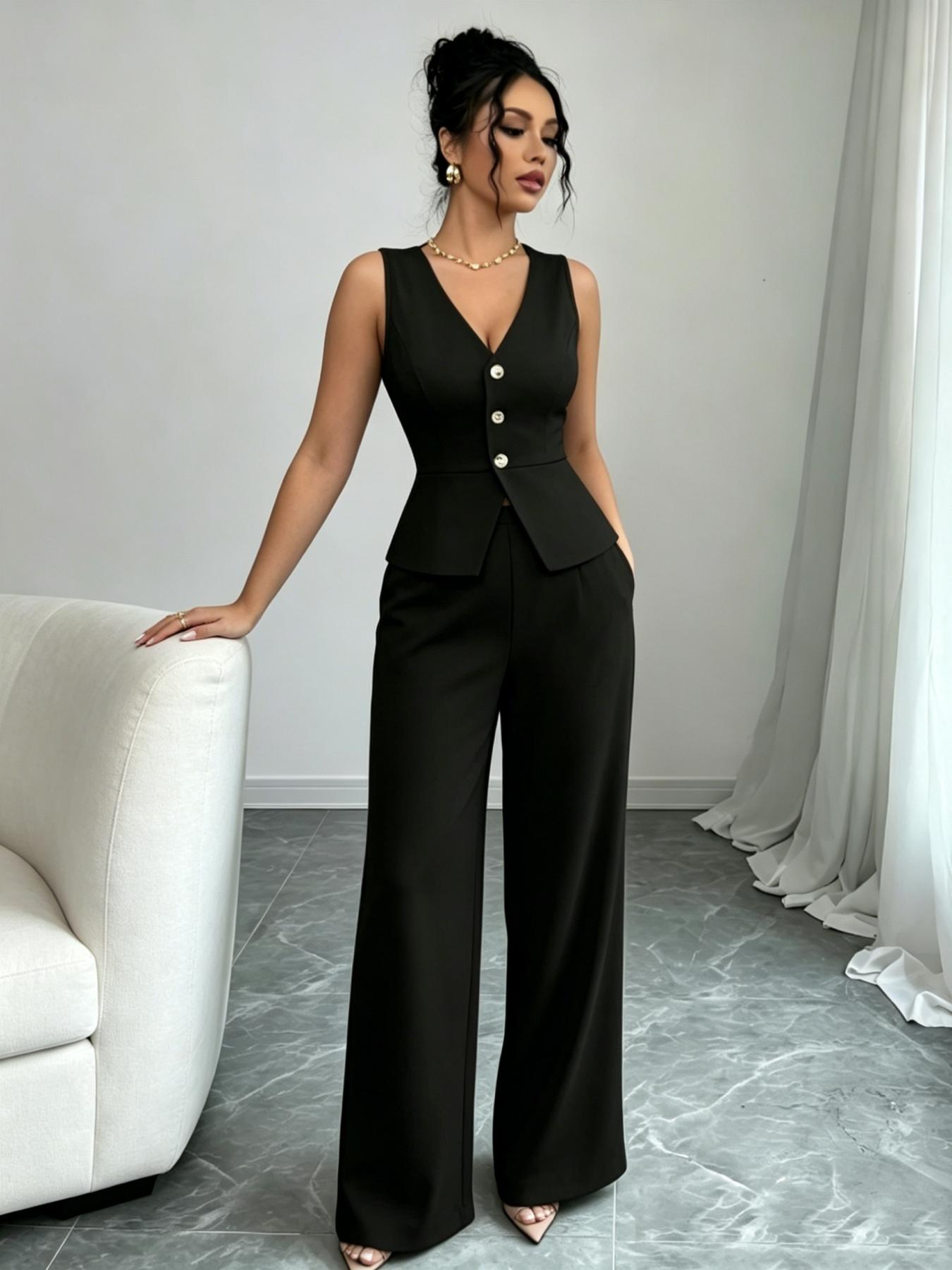 YYT1 A women's Chic Sleeveless Vneck luxury waist cinched Fitted suit vest set, Pants Top Set, same color scheme, suitable commuting, shopping, outdoor activities, Fitted clothing set