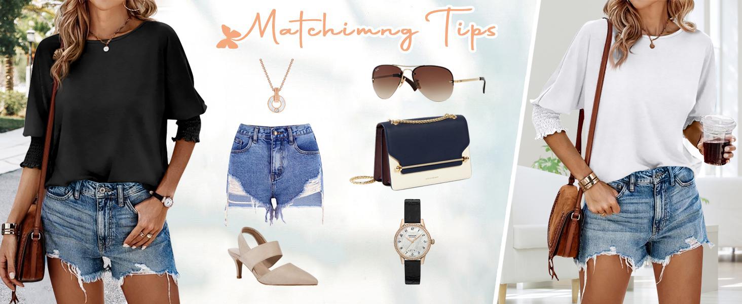 Danedvi Women's 3/4 Sleeve Casual Tops Solid Color Crew Neck Loose Fit Shirts Blouses Shorts Skirts Danedvi Women's 3/4 Sleeve Casual Tops Solid Color Crew Neck Loose Fit Shirts Blouses Shorts Skirts