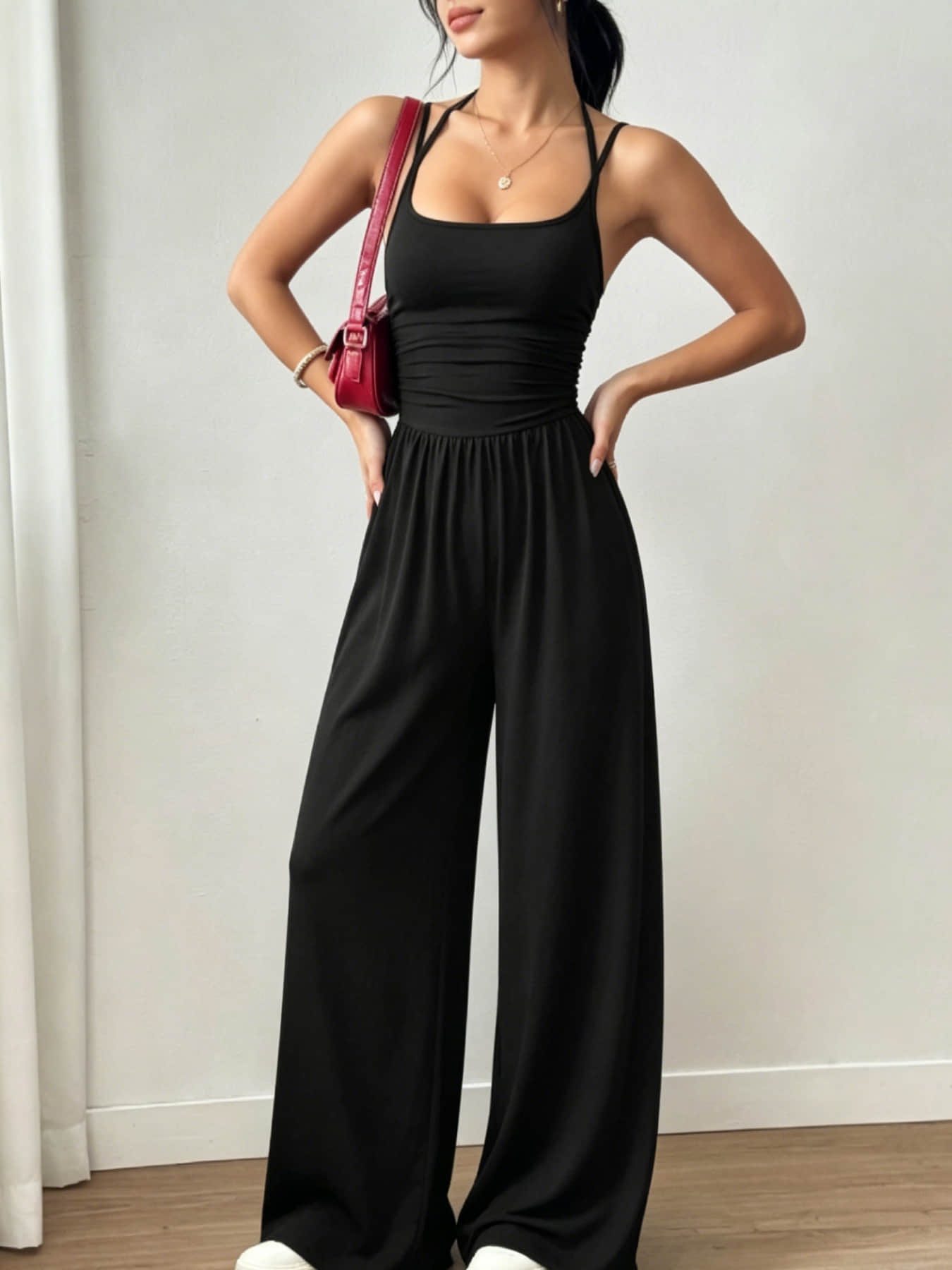 Summer New Fashion Women's Wear Design Double Fine Shoulder Strap One-Piece Wide Leg, Pleated Waist Design, Suitable for Commuting, Daily Wear, Vacation, Home, and Outdoor Adventures