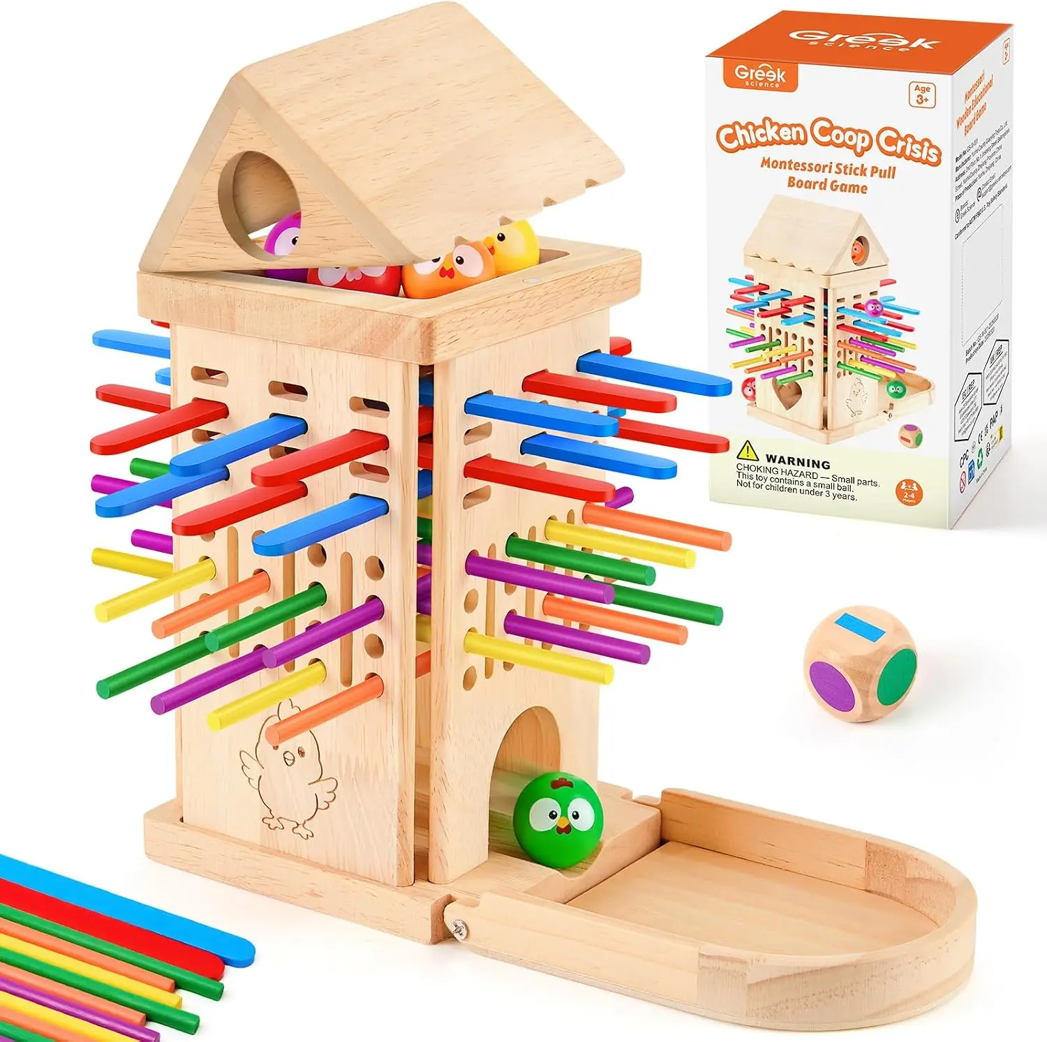 Wooden Stick Pulling Balance Game for Kids Ages 3-8 | Family Wooden Chicken Game, Cause & Effect STEM Toy, Fine Motor Skills, Screen-Free Montessori Gift, Ball Drop Board Game