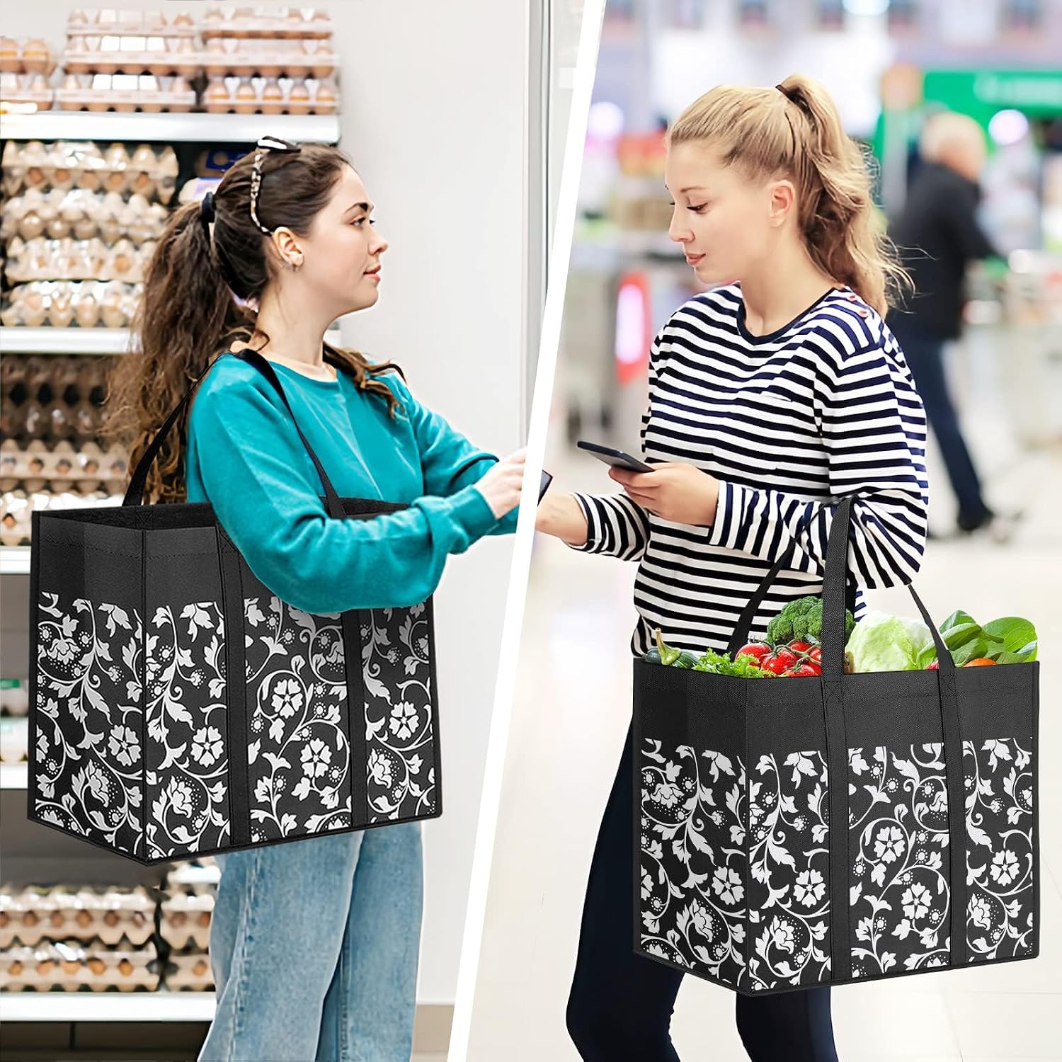 Grocery Bags Foldable Tote Bags bulk Shopping Bags 4-Pack, Black | Reinforced Handles Shopping Bags for Groceries Heavy Duty Kitchen  Grocery Bags with  Coating
