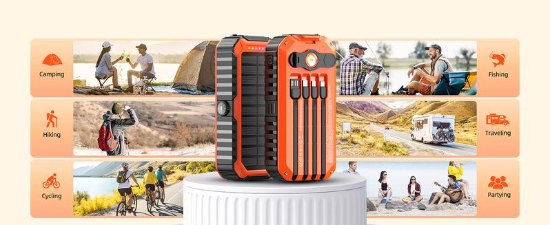 Solar Charger Power Bank 40000mAh Built in 4 Cables and Hand Crank, Portable Charger 22.5W Fast Charger 6 Outputs & 4 Inputs External Battery Pack with Bright Flashlight and Compass