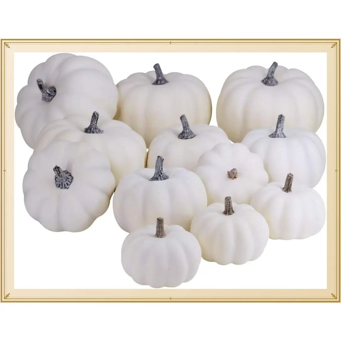 12 PCS Assorted Sizes Rustic Harvest White Artificial Pumpkins for Halloween Fall Thanksgiving Decorating Embellishing DisplayingGift