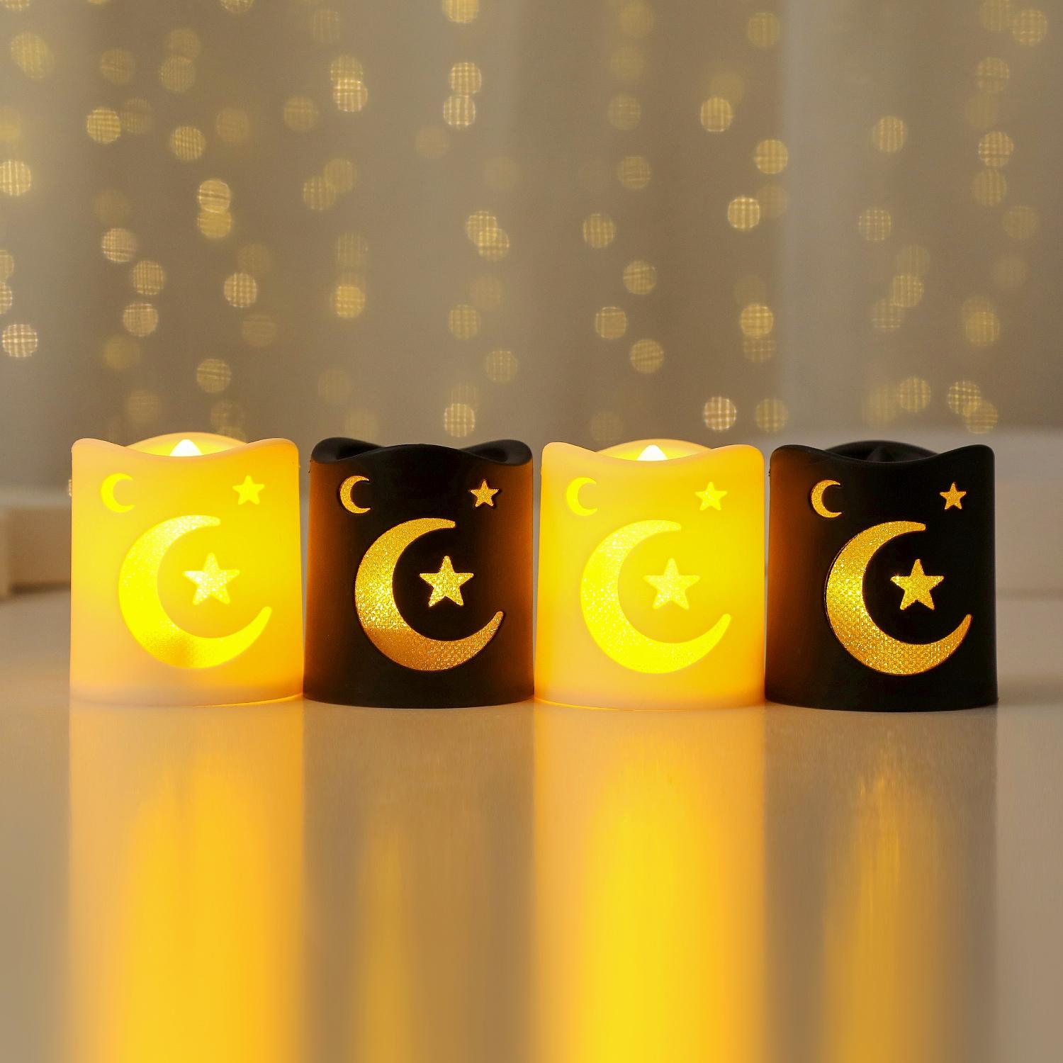 4 Counts Ramadan LED Electronic Candles, Star and Moon Pattern Decorative Lights, Perfect for Ramadan Festival Atmosphere, Decoration Party Light, Home Decor Light