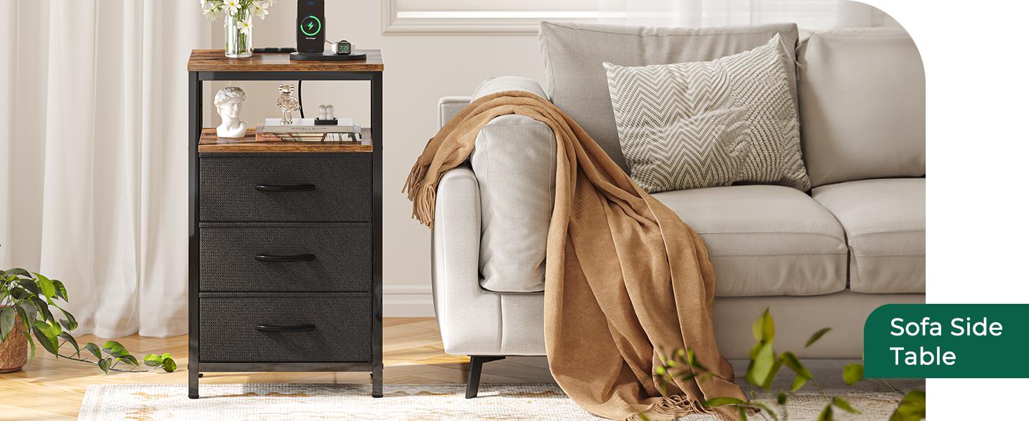 Huuger Nightstand with Charging Station, 27.6 Inch Side Table with Fabric Drawers, End Table Bedside Table with USB-C Port and Outlets