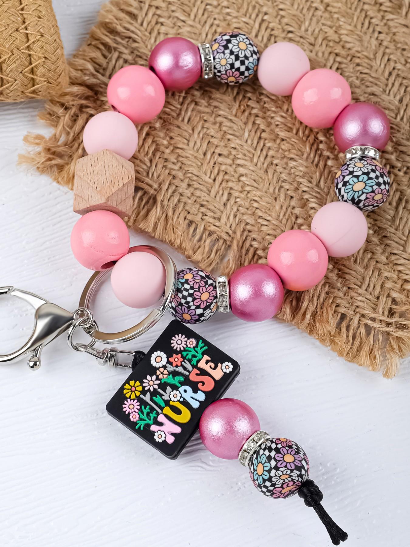 Nurse Themed Beaded Keychain, Handmade Silicone Wristlet, Leopard Print Beads, Anti-Lost Keychain for Medical Staff, Ideal Gift