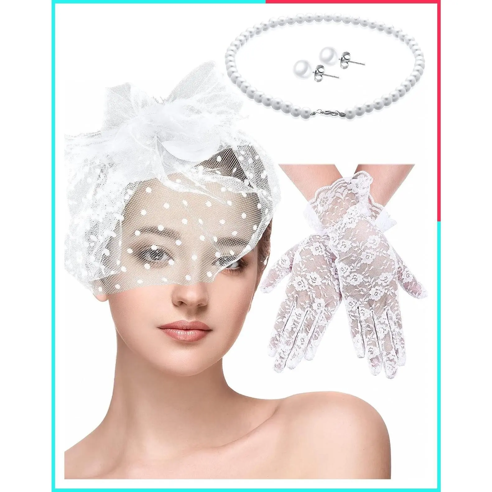 4-Piece Women's Tea Party Fascinator Hat Set with Lace Gloves, Pearl Jewelry, Headpiece Veil Accessories for Wedding, Baby Shower, Birthday, Halloween, Christmas Party