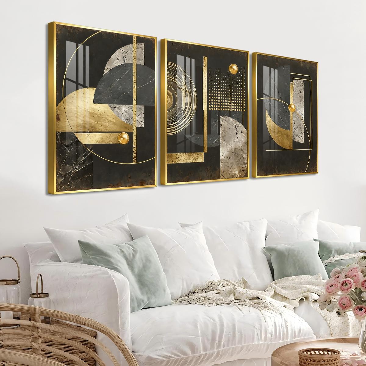 3 Counts Aluminum Alloy Framed Painting, Abstract Geometric Gold And Black Art Pictures, Home Decoration For Living Room, Bedroom, Office, Restaurant, Hallway Wall Decor, Odorless Print Artwork, Luxury Perfect Gift For Friends And Family