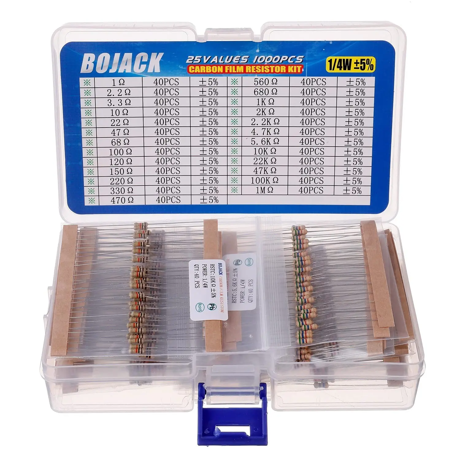1000 Pcs 25 Values Resistor Kit 1 Ohm-1M Ohm with 5% 1/4W Carbon Film Resistors Assortment