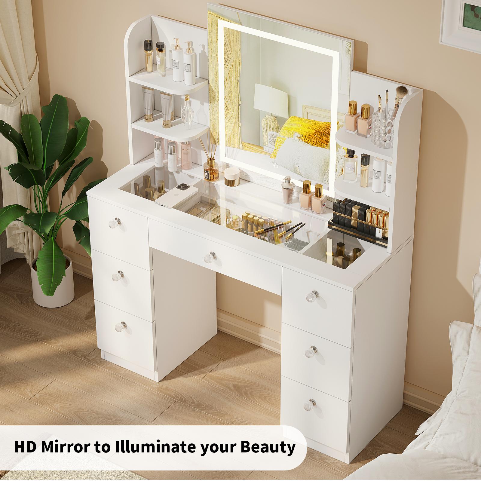 VOWNER Modern Makeup Vanity Table Set with 3-Color LED Mirror 7 Drawers & Power Strip for Bedroom & Bathroom 43-Inch White Dressing Table