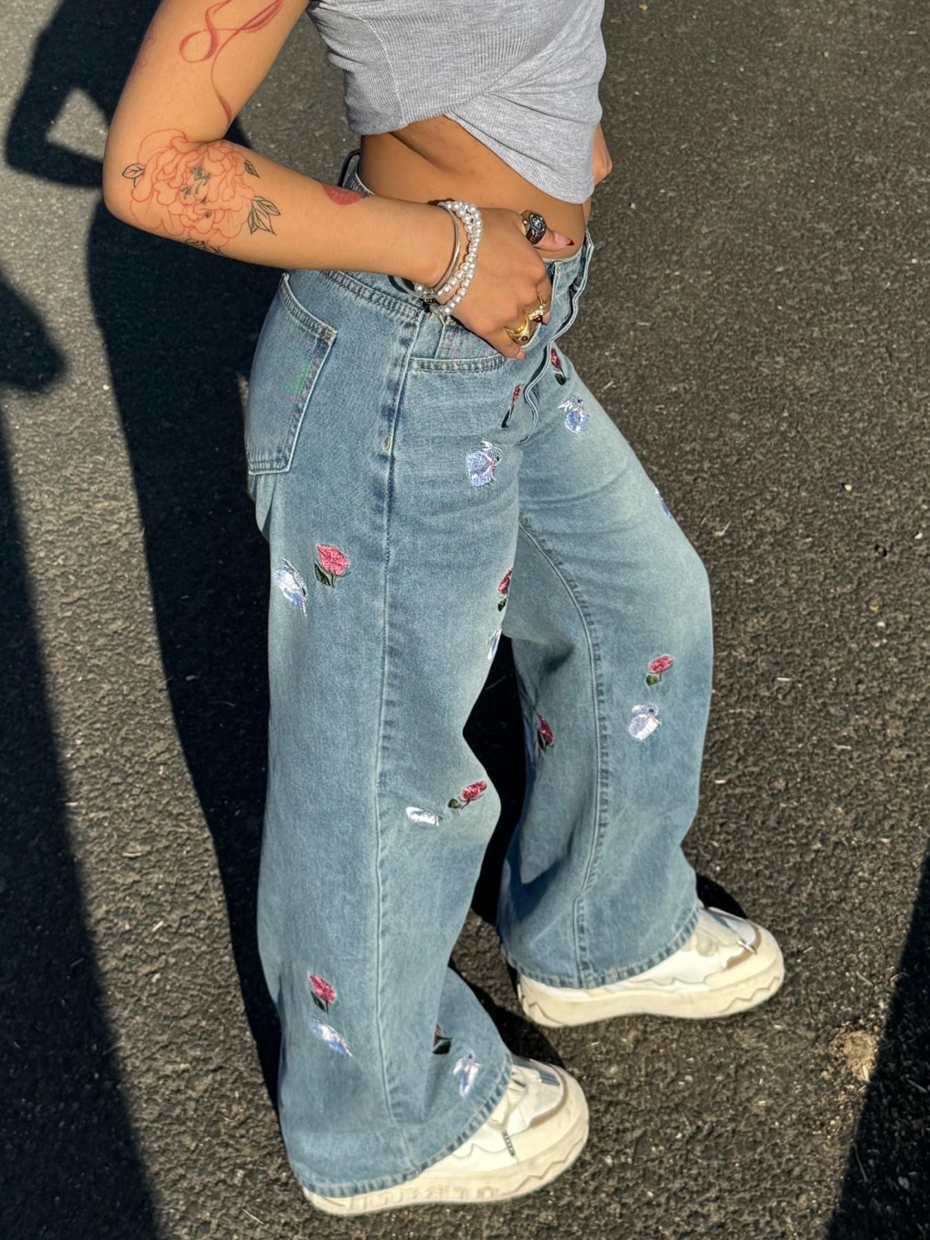 Women's Wide Leg Jeans, Loose Straight Fit, Embroidered Rose and Rabbit, Y2K Street Style, All Seasons, Elegant Plain Design
