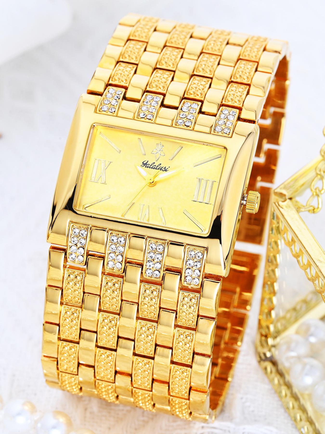 Women's Luxury Gold Square Diamond Watch - Elegant Bling Crystal Encrusted Bracelet with Roman Numerals, Stainless Steel Band, Fashion Dress Wristwatch, Perfect Gift for Her