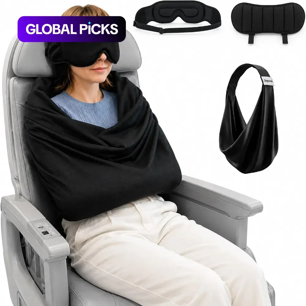Travel Pillow with Eye Mask, 3-in-1 Airplane Sleep Support Travel Essentials for Comfort, Portable Sleep System with Neck Support Head Strap, Sleeper Hold for Flight Car Train, Travel Neck Cushion #GLOBAL PICKS