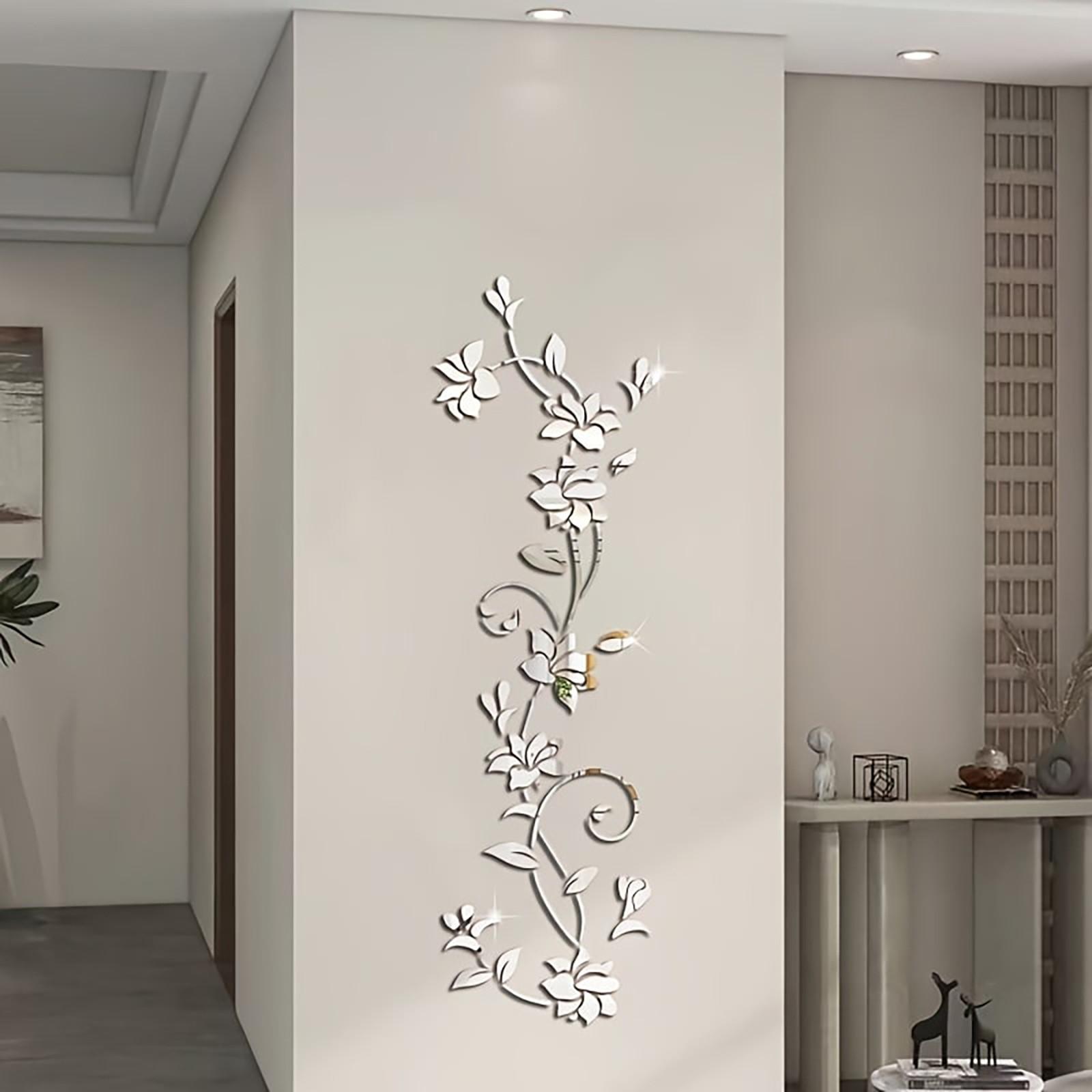 Acrylic Mirror Surface DIY Floral Vine Wall Sticker, 3D Rose Self-Adhesive Removable Decor for Living Room Bedroom