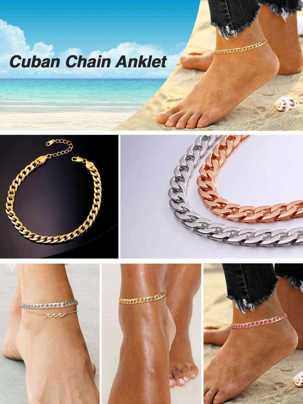 FindChic Simple Cuban Chain Link Anklet Ankle Foot Jewelry Golden Cuban Chain Anklet Foot Jewelry For Women Men Girlfriend Boyfriend