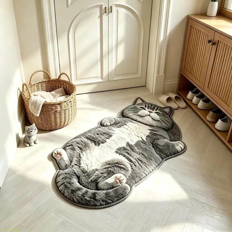 Cat Shaped Plush Area Rug, Fluffy Cartoon Cat Floor Mat, Soft Animal ...