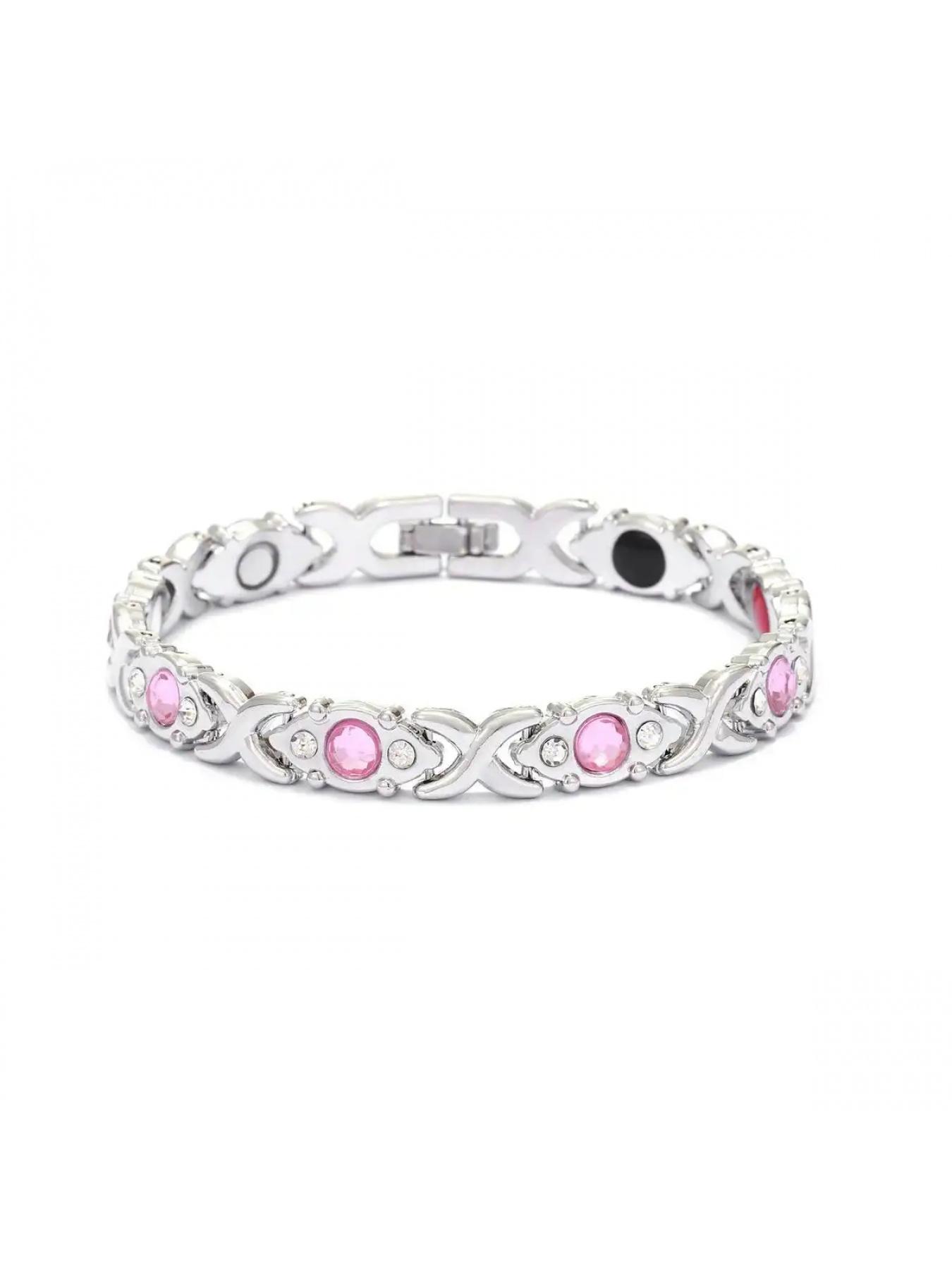 Pink crystal XOXO bracelet, available in silver and rose gold, featuring a classic XOXO design and sparkling pink crystals. Suitable for various styles of clothing.