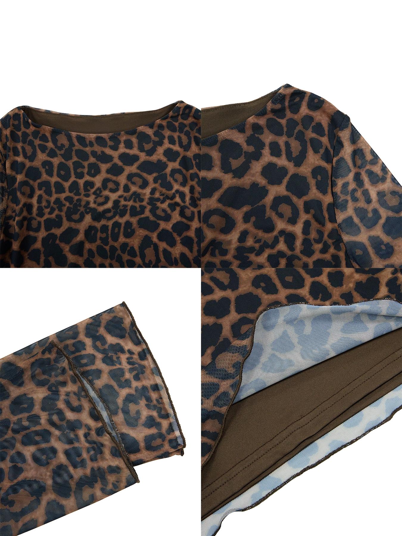 Aliling Women's Slim Fit Leopard Print Dress, Round Neck Long Sleeve Mini Dress for Fall & Winter, Fashion Party Wear