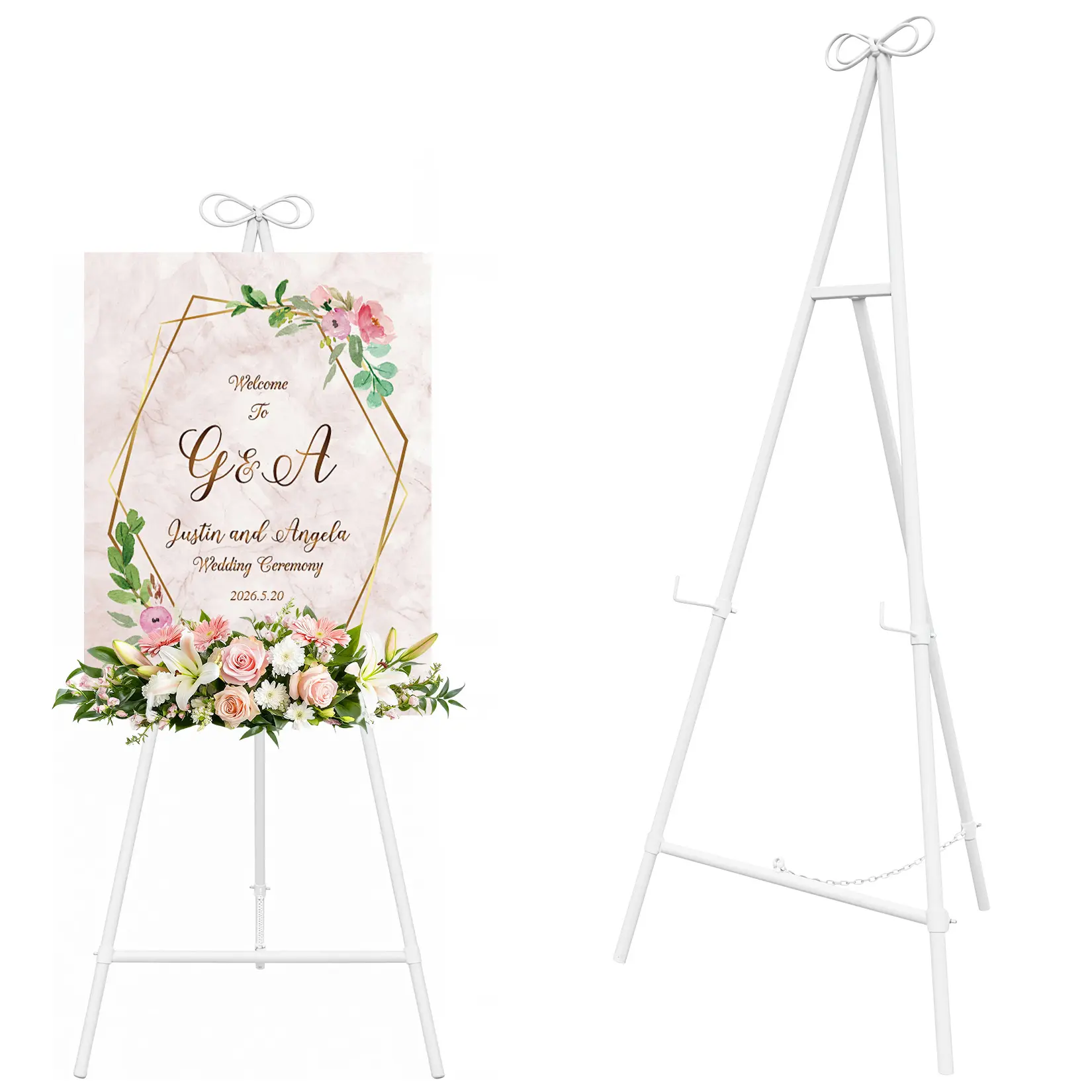 40lbs Capacity Adjustable White Metal Floor Easel Stand, Collapsible Tripod with Bowknot for Wedding Signs, Posters, Art Canvas & Decor