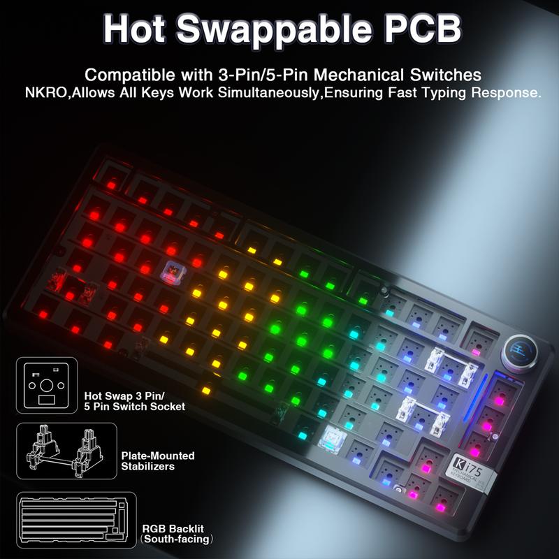 Ki75 Wireless Mechanical Gaming Keyboard Kit, Aluminum Barebones Keyboard Base, 75% Layout Gasket Hot Swappable Custom Keyboard RGB Backlit with Knob, Tri-Mode BT5.0/2.4GHz/USB-C Wired for PC FallFreshness