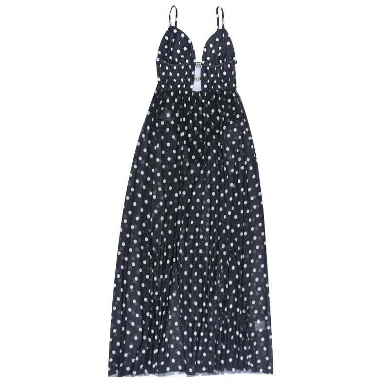 XY25192PFO-Spring Break Outfits, Womens Casual Vacation See-through Mesh Polka Dot Sleeveless Deep-V Neck A-line Spaghetti Strap Long Dress, Holiday Beach Sheer Mesh Dress SpringStatements