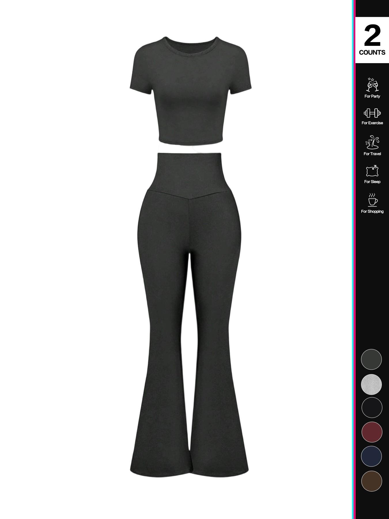 Women's High Waisted Flare Pants Set, 2 Piece, Short Sleeve Cropped T-Shirt Top, Bell Bottom Workout Sets, Casual Fashion, Athleisure Wear
