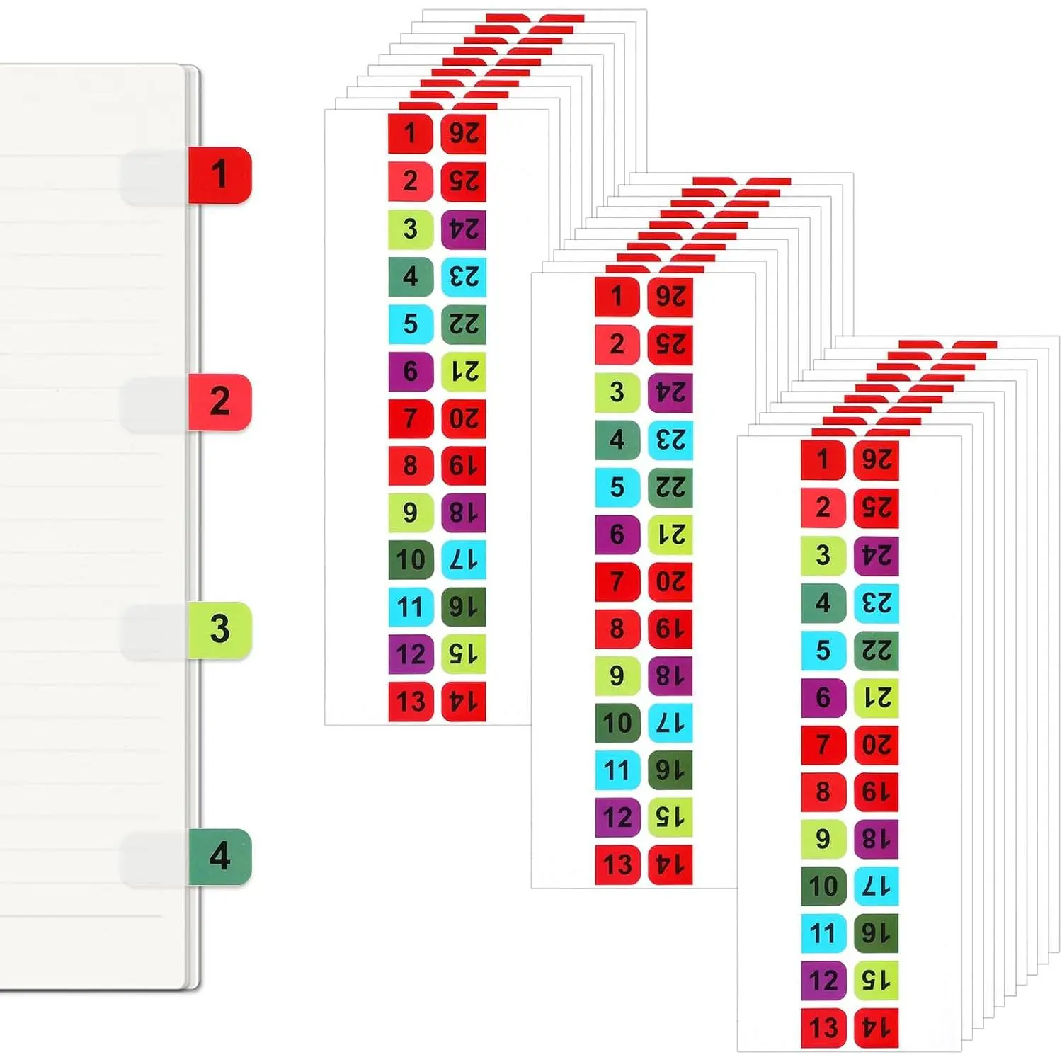 390 count Number Tabs, Number Index Labels 1-26, Multicolor Numbered Dividers Self-Adhesive Page-Tab for 3 Ring Binders, Notebook, Files, Address Book, Folder Classification