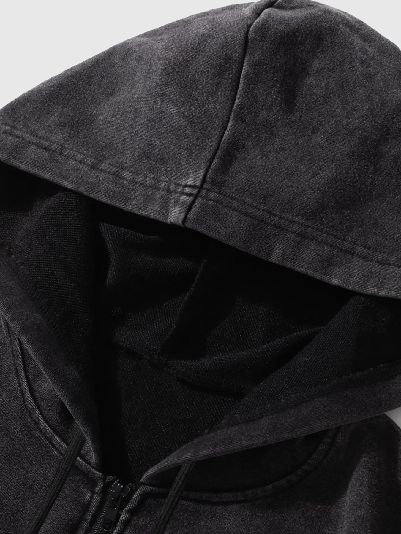 Y2K Rock Wash Full Zip Hoodie, Gothic Cross and Tribal Thorn