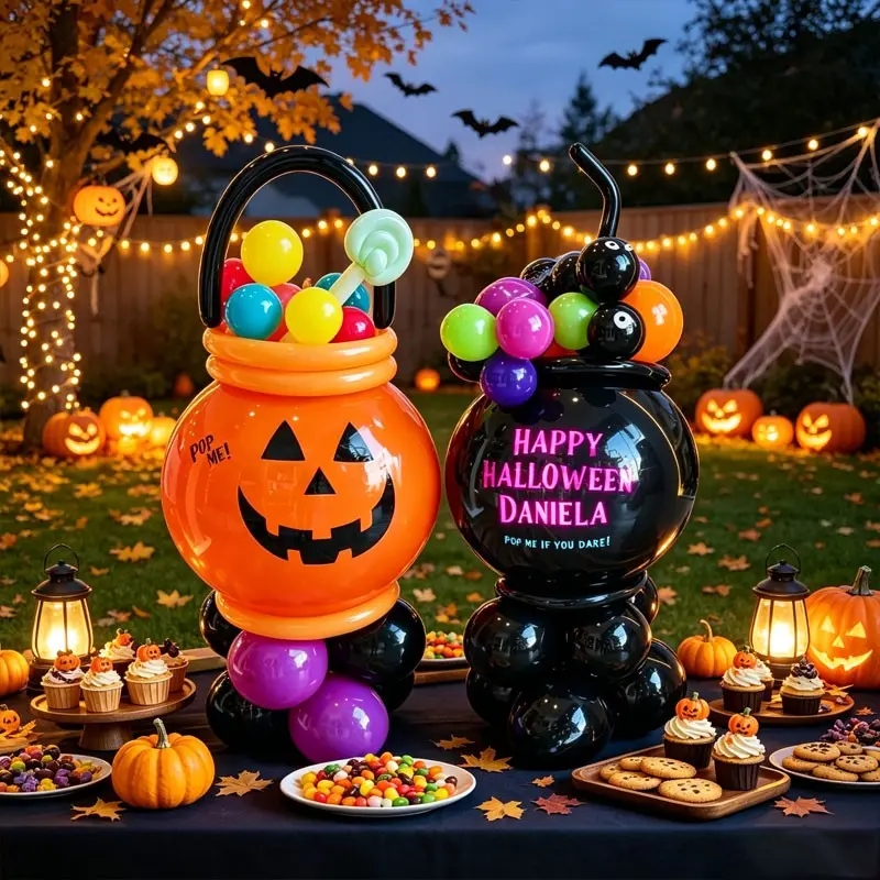 Halloween Pumpkin Bucket/magic Cauldron Balloon Stand Set, The pattern must be customized by the user,Contains Multicolor Latex Balloons, Perfect for Halloween Parties，Trick or Treat, Yard/Entryway Decoration，Community Halloween Event Decoration
