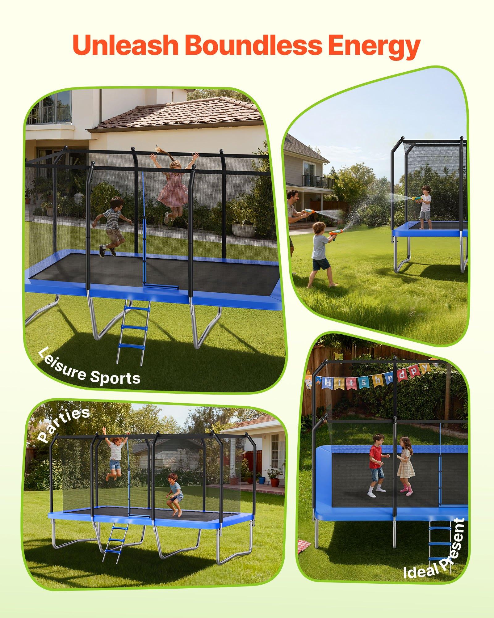 VEVOR Outdoor Trampoline, 8 x 14FT Rectangle Trampoline, ASTM Approved  Recreational Trampolines with Enclosure Net, Max 265 lbs Weight Capacity, Anti-Rust Rectangular Trampolines for Kids & Adults