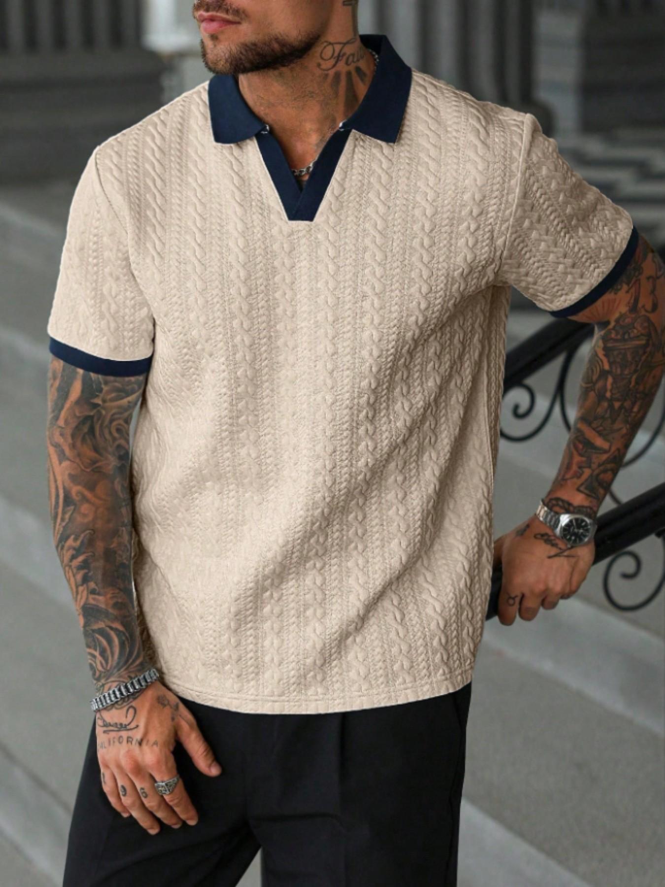 Men's Retro Colorblock Polo Shirt, Textured V Neck Short Sleeve Top, Casual Street Style, Summer Fashion, Fitted Leisurewear