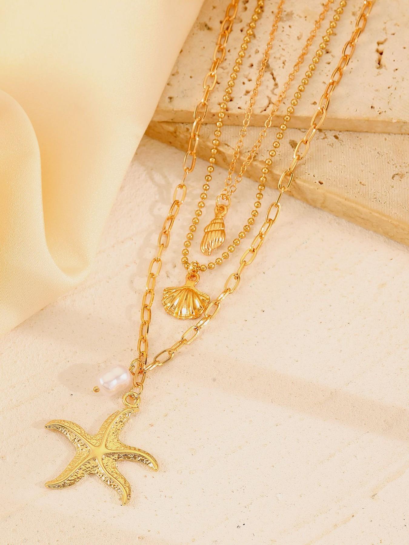 3-Piece Boho Starfish Shell Pendant Necklace Set, Ocean Series Imitation Pearl Lockbone Chain, Beachwear Jewelry, Island Vacation Essential
