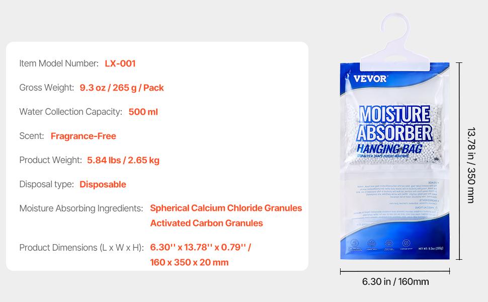 VEVOR Hanging Moisture Absorber, 9.3 oz Hanging Closet Dehumidifier Bags(10 Packs), Fragrance Free Moisture Bags in Wardrobes, Bedrooms, Bathrooms