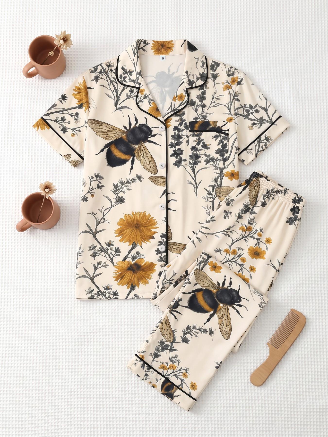 Women's 2-Piece Pajama Set, Short Sleeve Button-Up Shirt and Pants, Casual Home Wear, Floral Bee Daisy Print, All Seasons