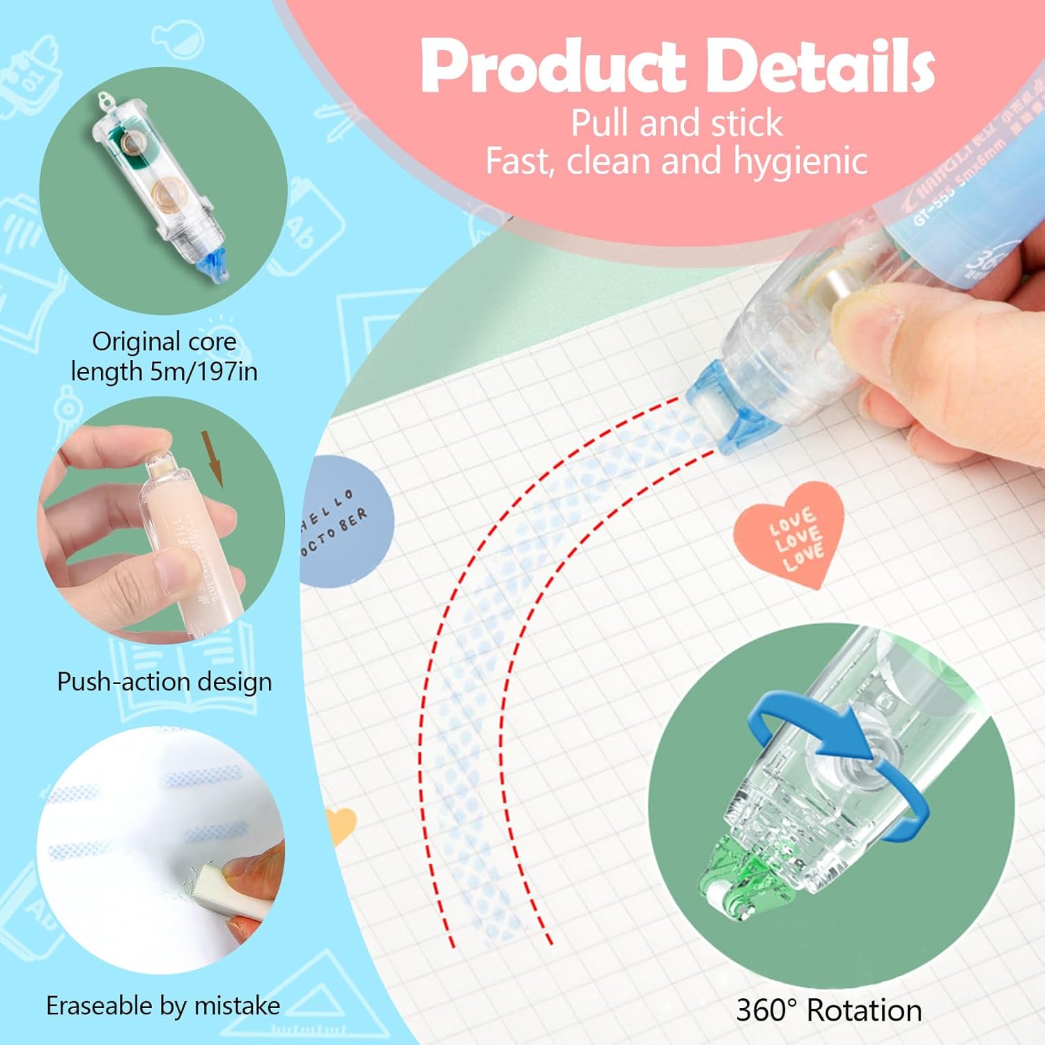 5 Pack Retractable Double Sided Tape Runner, Refillable Adhesive Tape Roller 0.23 Inch x 16.40 Ft, Glue Tape Roller with 360° Rotatable Tip for Scrapbook Supplies DIY Accessories (5 Colors)