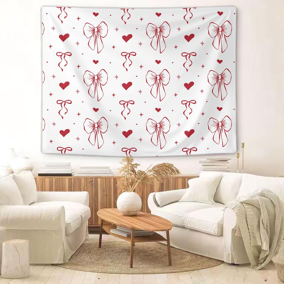 Bow Print Wall Tapestry, Minimalist Bedroom Wall Decor with Heart Accents, Aesthetic Gift for Girls