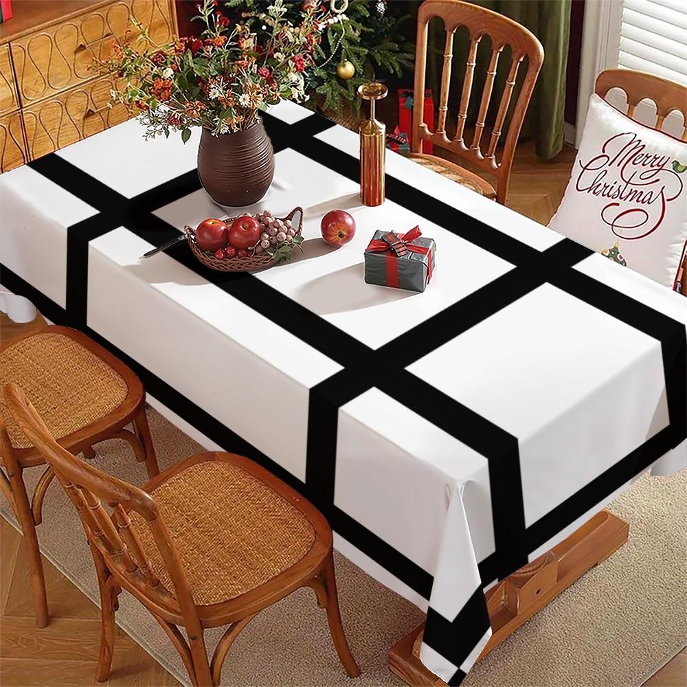 Rectangular White Tablecloth with Black Grid, Polyester Material, Waterproof & Oil - Resistant, Suitable for Home & Outdoor Use, Minimalist Style, Ideal for Wedding, Holiday, Birthday & Thank You Gifts, Cozy Dining Area Decor