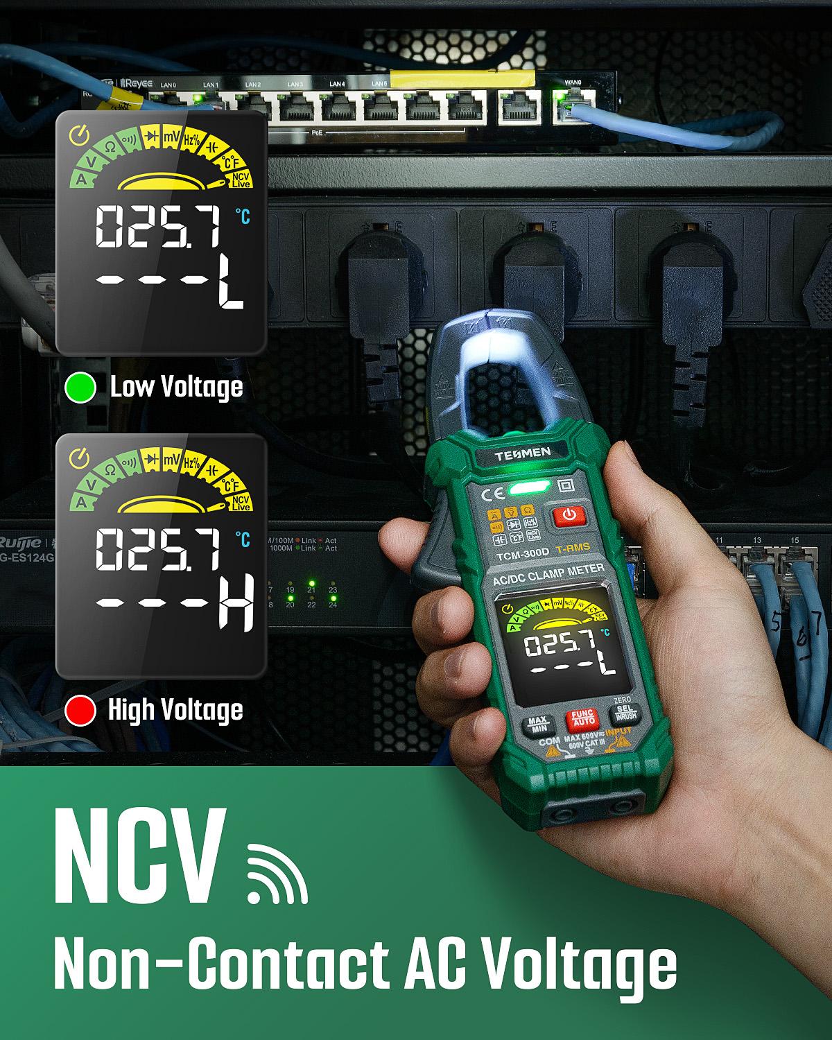 TESMEN TCM-300 Smart Clamp Meter Multimeter, 6000 Counts, Smart Measurement, Auto-Ranging with AC/DC Voltmeter, Non-Contact Voltage Detection, Measures AC/DC Volatge, Current, Resistance, Capacitance, Diode, Temperature, Continuity, Hz%