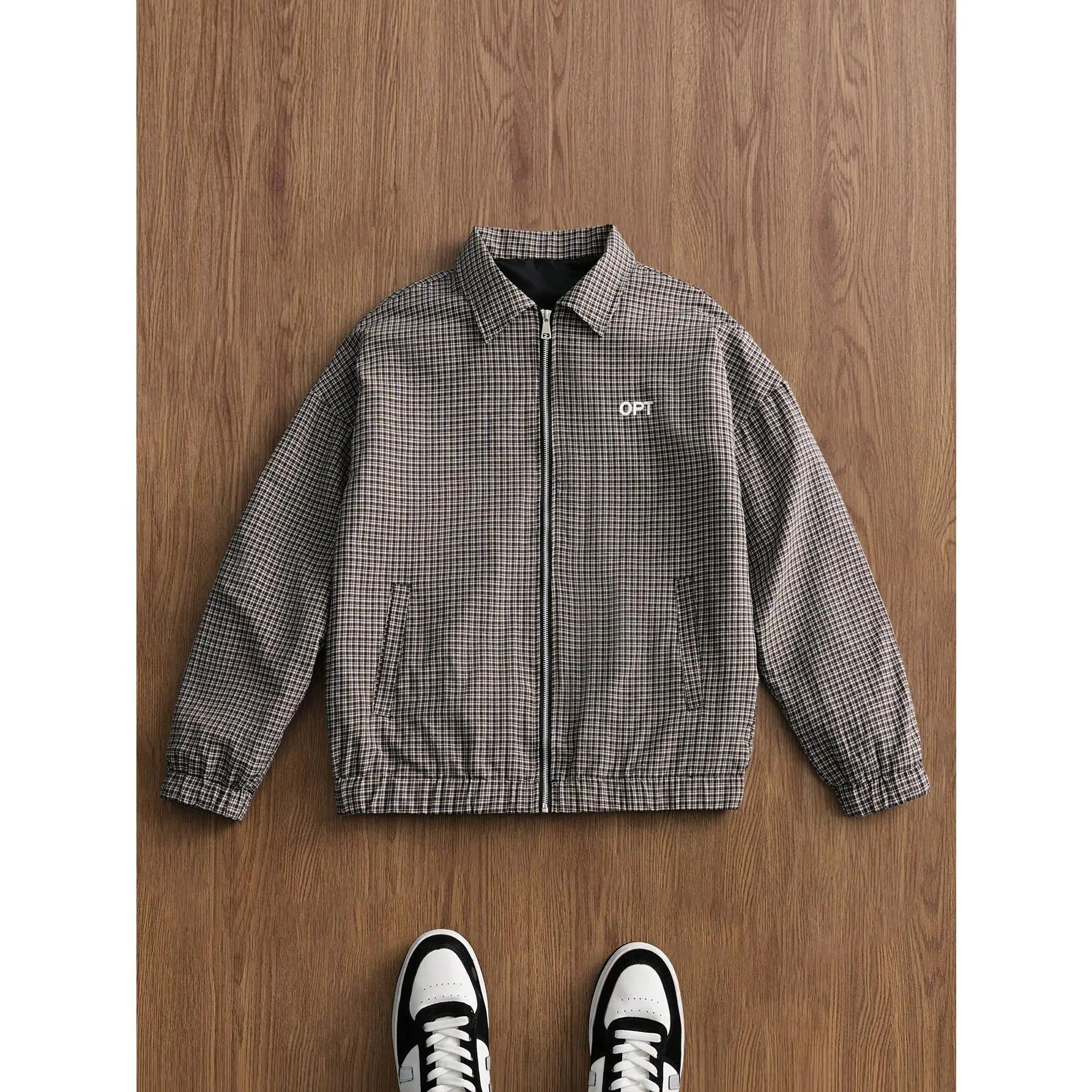 Men Lightweight Plaid Zip Up Coach Jacket, Vintage Collared Check Windbreaker Casual Streetwear Bomber Outerwear